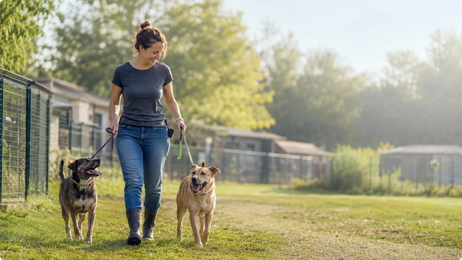 Volunteer walking two dogs at an animal shelter